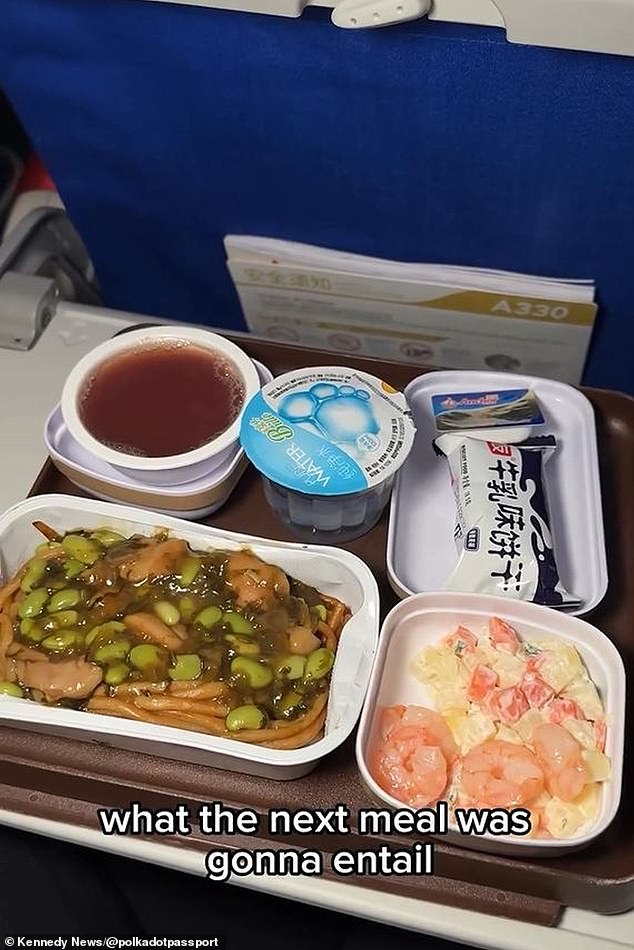 Der zweite Flug begann gut mit einem Garnelen-Kartoffel-Salat und Hühnchen-Edamame-Nudeln, was ihrer Meinung nach „wahrscheinlich die beste Mahlzeit des Tages“ war.