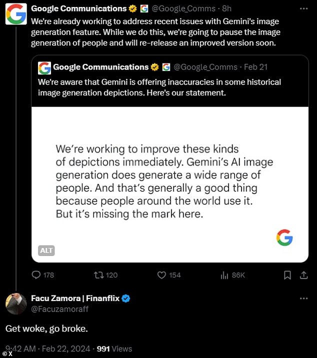 Als Reaktion auf die Ankündigung von Google, die Bildgenerierungsfunktionen von Gemini zu pausieren, posteten einige Nutzer „Wach auf, geh pleite“ und andere ähnliche Gefühle