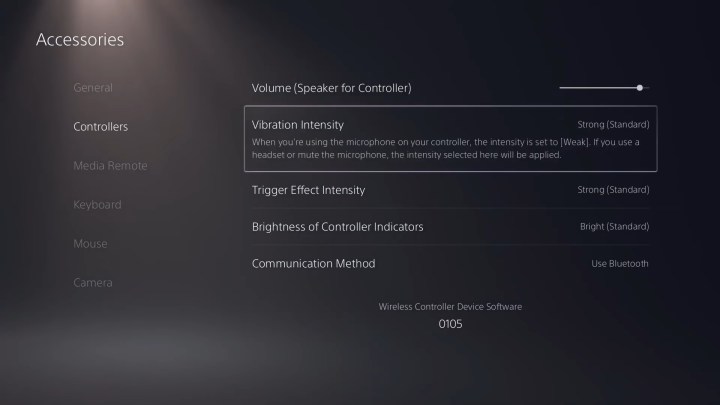 Das DualSense-Einstellungsmenü auf PS5.