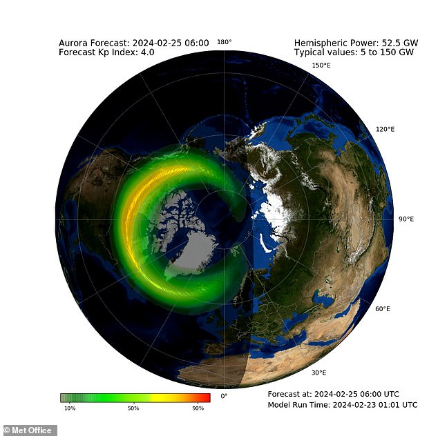 Sonntag: Eine Animation des Met Office zeigt das Polarlichtoval – den ringförmigen Bereich der Polarlichtaktivität, der die Reichweite des Nordlichts und den Ort bestimmt, an dem es am sichtbarsten ist
