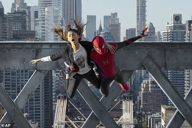 Zendaya and Tom Holland pictured during an action-packed scene in Spider-Man: No Way Home