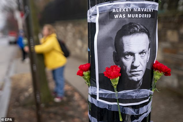 Another poster reads 'Alexei Navalny was murdered'. Some experts believe the former opposition leader was most likely poisoned with novichok