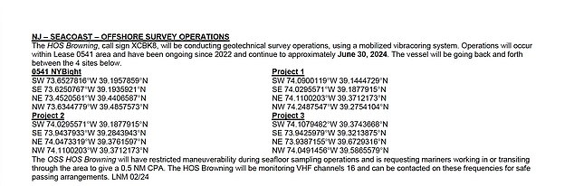 In Dokumenten des US-Heimatschutzministeriums heißt es außerdem: „HOS Browning, Rufzeichen XCBK8, wird geotechnische Vermessungsarbeiten mit einem mobilisierten Vibracoring-System durchführen.“