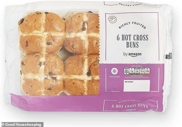 Amazon's £1.15 'richly fruited' Hot Cross Buns, pictured, won the best budget section with a score of 75/100