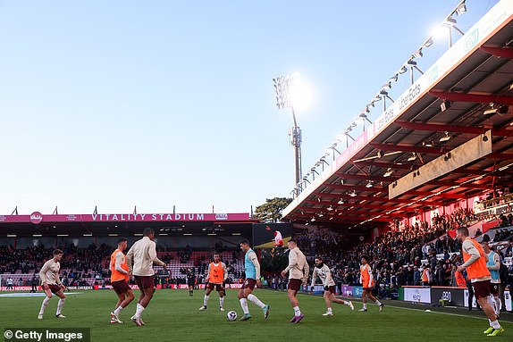 BOURNEMOUTH, ENGLAND - FEBRUARY 24: A general view inside the stadium as players of Manchester City warm up prior to the Premier League match between AFC Bournemouth and Manchester City at the Vitality Stadium on February 24, 2024 in Bournemouth, England. (Photo by Michael Steele/Getty Images)