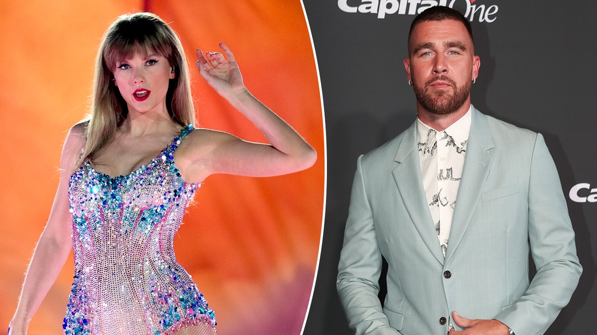 Taylor Swift in einem glitzernden Trikot mit einem Arm nach oben spaltete Travis Kelce auf dem Teppich in einem hellen mintfarbenen Anzug