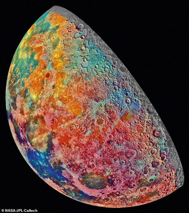 This colourised image of the Moon reveals the presence of different materials