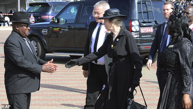 Anne is pictured arriving at the Heroes' Acre for the State Funeral of President Hage Geingob today. She is welcomed by Chief of Protocol Ambassador Leonard Iipmbu