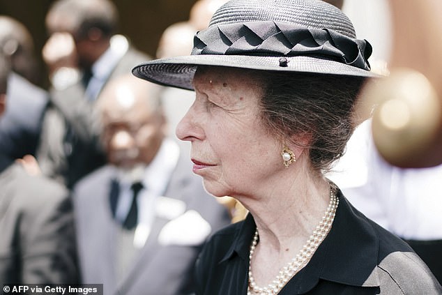 The Princess Royal, 73, donned an all-black ensemble as she joined crowds of mourners in the capital, Windhoek