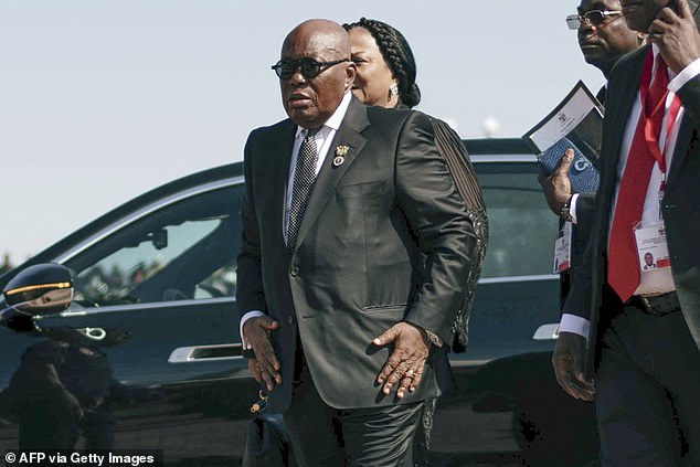 Pictured: The President of Ghana Nana Akufo-Addo arrives at Heroes Acre for today's funeral of the politician