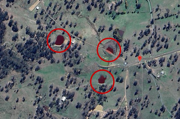 The property owner, who lives in Melbourne , described it as a 'weekend farm' and said no one was present there last week. There are four dams on the property (three largest are circled)