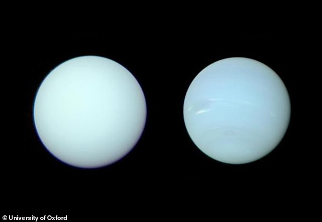 Im Bild: Uranus (links) und Neptun (rechts).  Uranus und Neptun, der siebte und achte Planet, sind die einzigen beiden Eisriesen im äußeren Sonnensystem