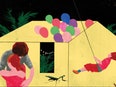Ein Haus mit sich umarmenden Menschen, einem Mädchen auf einer Schaukel und Luftballons.