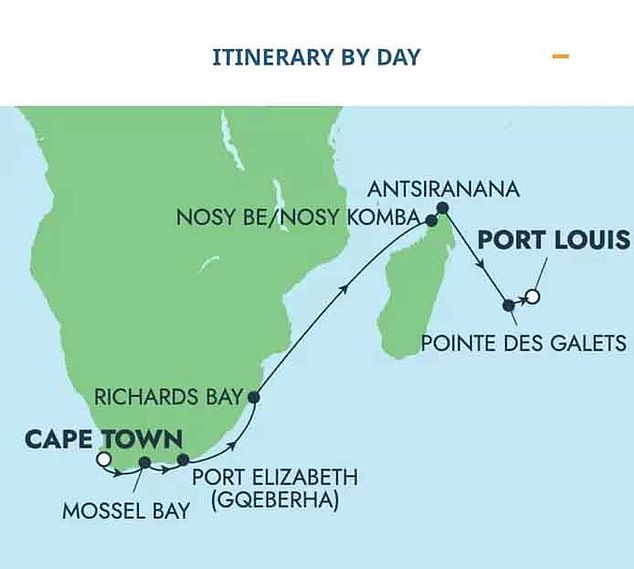Die geplante Reiseroute der Norwegian Dawn.  Es sollte von Südafrika nach Mauritius reisen