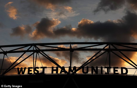 LONDON, ENGLAND - FEBRUARY 26: General view outside the stadium as the name of 'West Ham United' is seen prior to the Premier League match between West Ham United and Brentford FC at London Stadium on February 26, 2024 in London, England. (Photo by Julian Finney/Getty Images)
