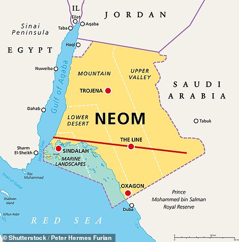 Neom covers an area of 10,200 square miles, with the Gulf of Aqaba to the west and the Red Sea to the south