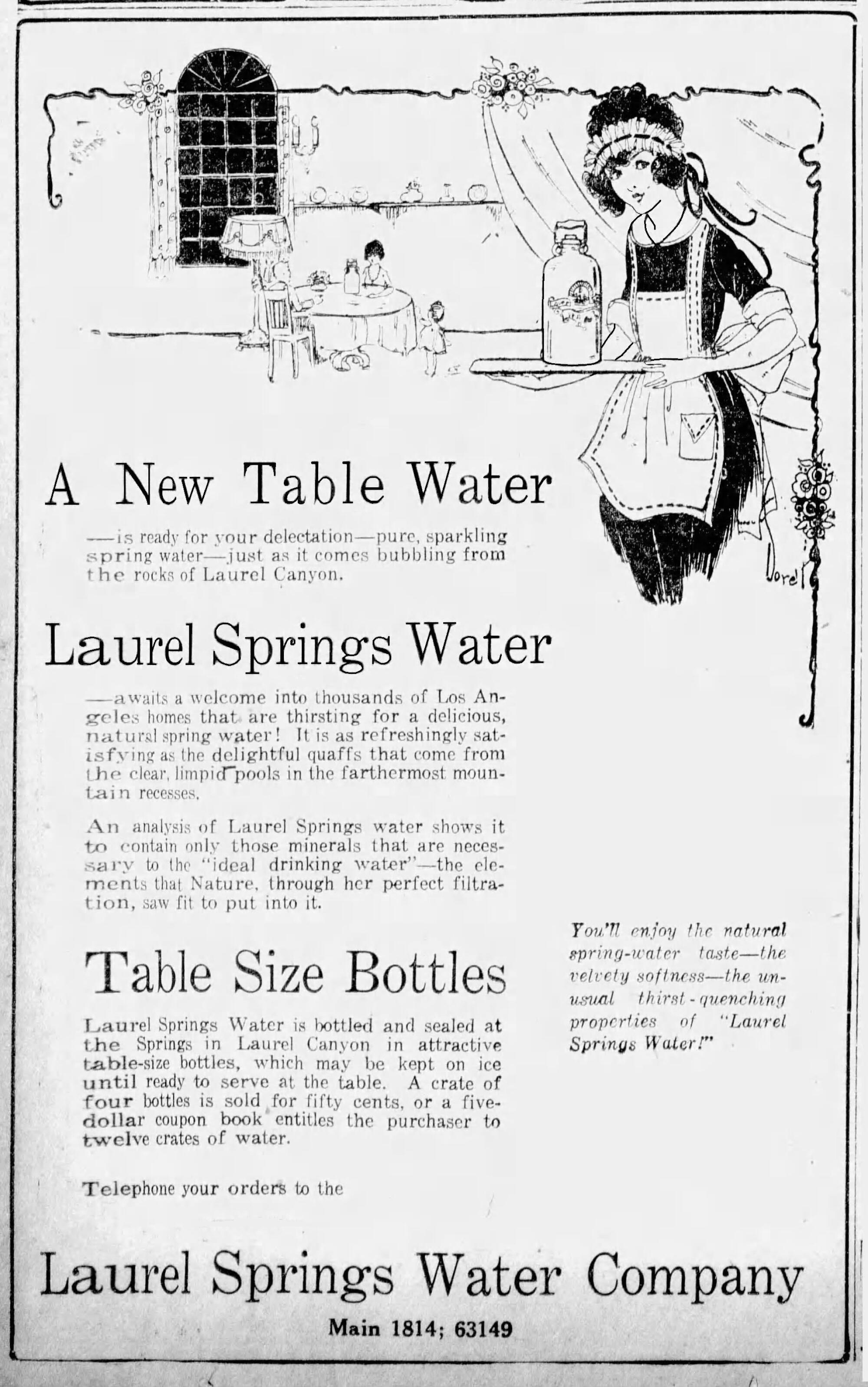 Eine Anzeige für Mineralwasser aus Laurel Canyon, die in den 1920er Jahren im Los Angeles Evening Express erschien.