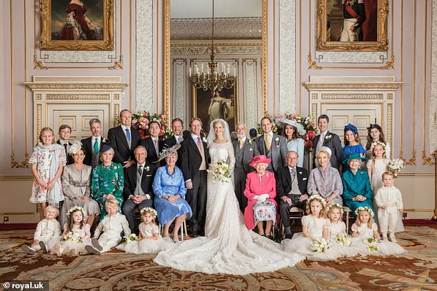 Lady Gabriella and Thomas Windsor have official photos taken on their wedding day. The late Queen and Prince Philip are sat to the right of them