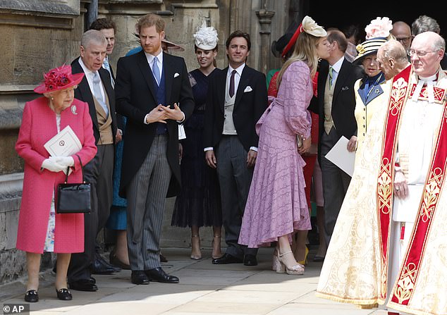 Queen Elizabeth, Prince Andrew, Prince Harry, Princess Beatrice, Edoardo Marpelli Mozzi and Princess Anne are all pictured at the wedding in 2019