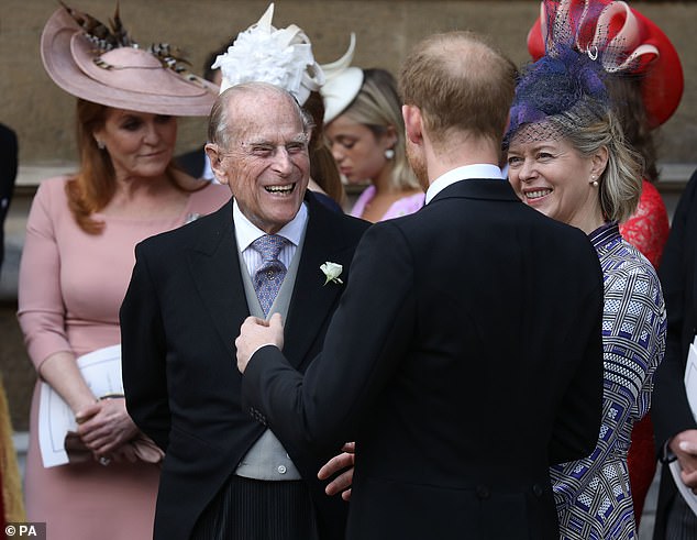 Prince Philip pictured chatting to the Duke of Sussex when attending the wedding of Lady Gabriella Windsor in 2019