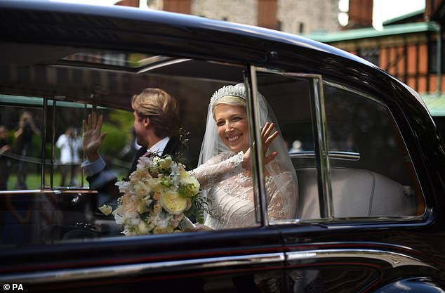 Lady Gabriella Windsor and Thomas Kingston waved as they departed St George's Chapel at Windsor Castle