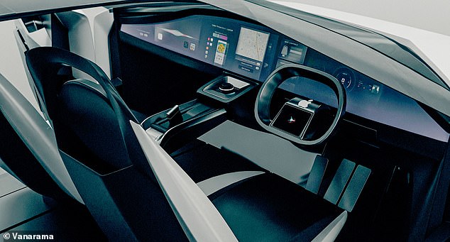 Wie von Vanaramas Künstlern vorgestellt, verfügt der Innenraum des eleganten Fahrzeugs über eine weitläufige, anpassbare, taktile Touchscreen-Oberfläche anstelle eines herkömmlichen Armaturenbretts