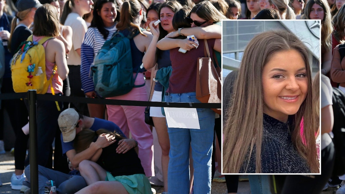 Ein Foto von weinenden UGA-Studenten während einer Mahnwache für Laken Riley