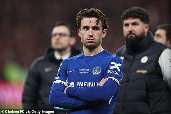 LONDON, ENGLAND - FEBRUARY 25: Ben Chilwell of Chelsea looks dejected at full-time following the team's defeat in the Carabao Cup Final match between Chelsea and Liverpool at Wembley Stadium on February 25, 2024 in London, England. (Photo by Chris Lee - Chelsea FC/Chelsea FC via Getty Images)