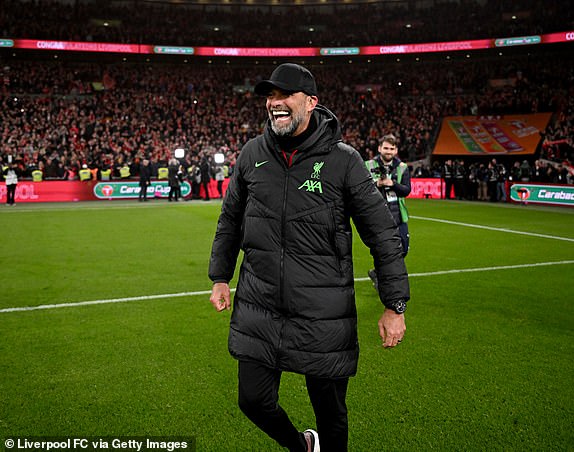 LONDON, ENGLAND - FEBRUARY 25: (THE SUN OUT, THE SUN ON SUNDAY OUT) Jurgen Klopp manager of Liverpool celebrating the win at the end of the Carabao Cup Final between Chelsea and Liverpool at Wembley Stadium on February 25, 2024 in London, England. (Photo by Andrew Powell/Liverpool FC via Getty Images)