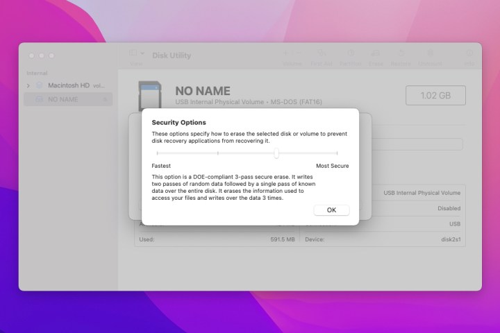 Sicherheitsoptionen zum Formatieren einer SD-Karte auf dem Mac.