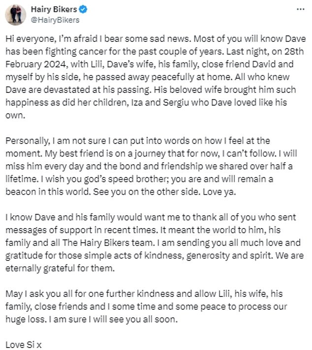 Si gab die traurige Nachricht in einer in den sozialen Medien veröffentlichten Erklärung bekannt und sagte, er werde seinen Freund „jeden Tag“ vermissen.