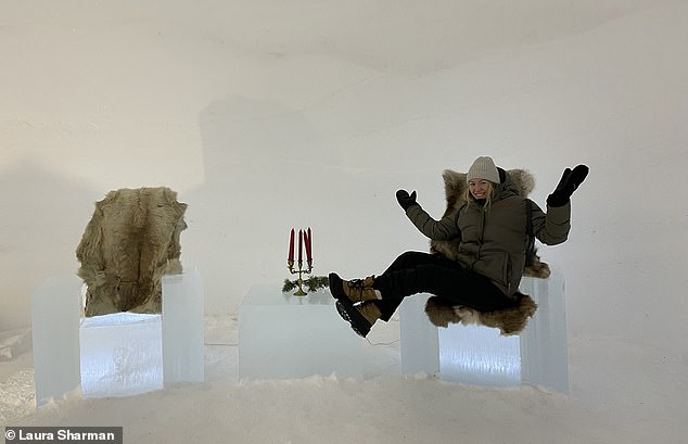 Just chilling: All furniture inside the ice dome is carved out of blocks of ice