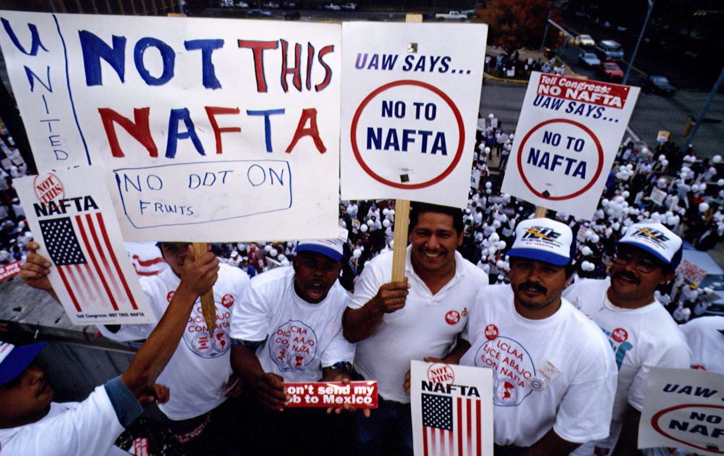 Eine Demonstration im Jahr 1993 gegen NAFTA in Austin, Texas.