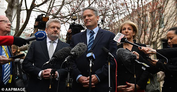 Minister for Communications Mitch Fifield, Minister for Finance Mathias Cormann and Minister for Jobs Michaelia Cash at a press conference to announce their support for Peter Dutton as prime minister at Parliament House in Canberra, Thursday, August 23, 2018. (AAP Image/Mick Tsikas) NO ARCHIVING - 13045805