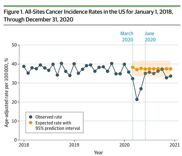 Die obige Grafik zeigt die Anzahl der diagnostizierten Krebserkrankungen (grüne Linie) im Vergleich zur erwarteten Anzahl