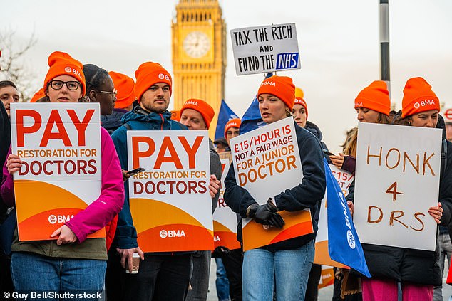 Assistenzärzte in der Streikpostenreihe vor dem St. Thomas Hospital in London während der letzten Streikwelle im Januar
