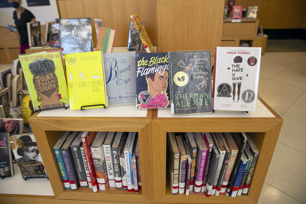 Banned books are visible at a library in Brooklyn, New York.