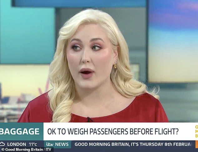 Bei GMB kam es heute zu einer Debatte, als Plus-Size-Model und Sender darüber stritten, ob Passagiere vor einem Flug gewogen werden sollten.  Hayley Hasselhoff, 31, sagte: „Es löst Menschen mit Essstörungen aus.“
