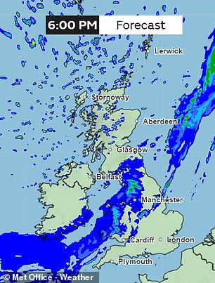 In Nordwales und England wird es am Abend heftigen Regen geben, der Rest des Landes dürfte jedoch einigermaßen trocken bleiben