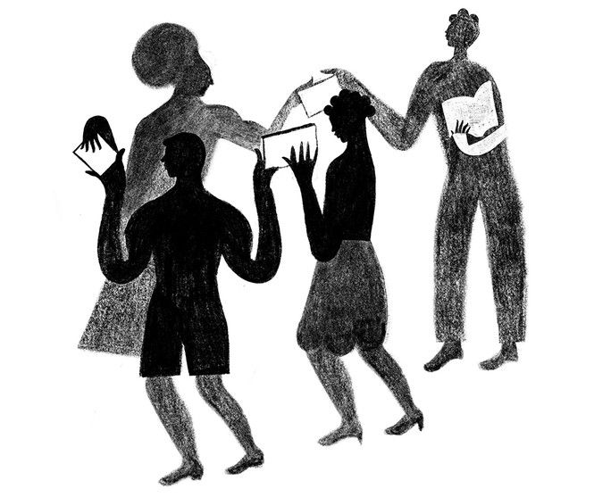 Illustration einer Gruppe von Figuren, die Bücher teilen