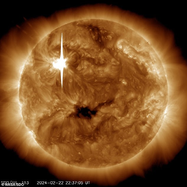 Das Solar Dynamics Observatory der NASA hat dieses Bild einer Sonneneruption (wie im hellen Blitz oben links zu sehen) am 22. Februar 2024 aufgenommen. Das Bild zeigt eine Teilmenge extrem ultravioletten Lichts, das das extrem heiße Material in Fackeln hervorhebt und eingefärbt ist in Bronze