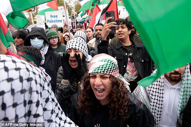 Menschen demonstrieren am 14. Oktober 2023 in Dearborn, Michigan, zur Unterstützung der Palästinenser
