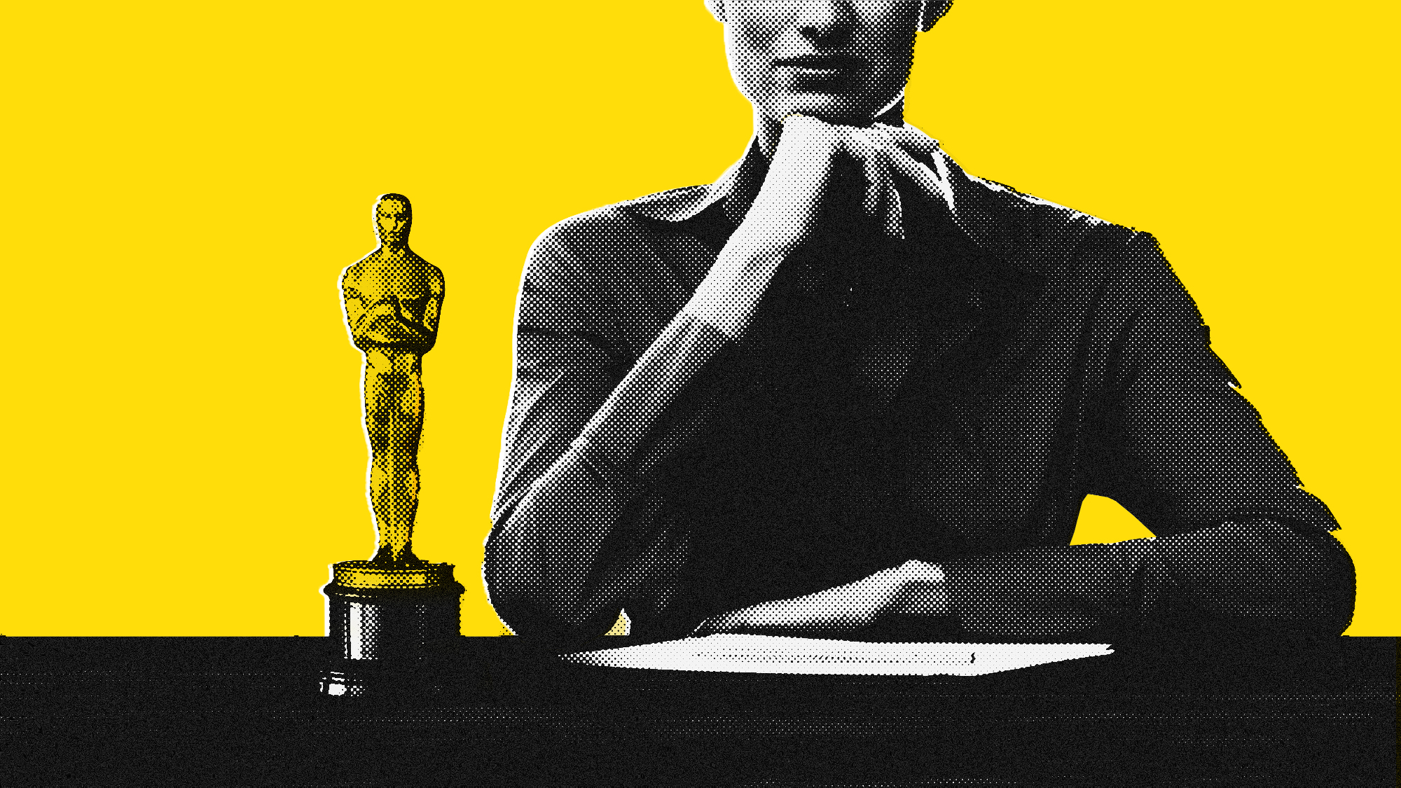 Eine Fotoillustration, die eine Frau zeigt, die neben einer Oscar-Trophäe sitzt