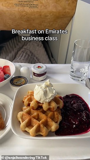 TikTokerin @anjaliwandering nahm an einem Business-Class-Flug mit Emirates teil und dokumentierte alles, was sie während ihres Luxusfluges aß
