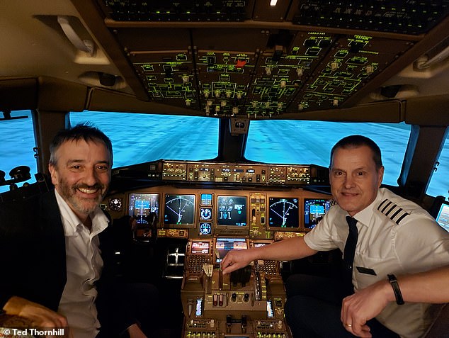 Ted Thornhill (left) visits BA's impressive Flight Training Centre near Heathrow. There he has a 777 flight-simulator lesson from senior training captain Al Bridger (right)