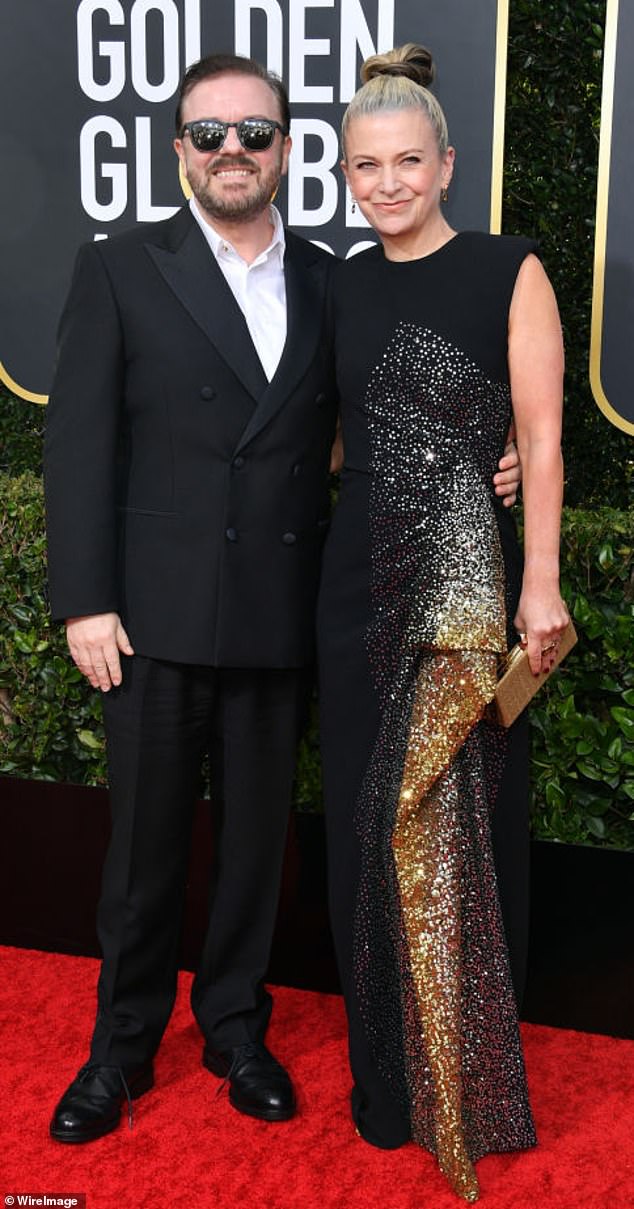 Gervais's career went stratospheric following the success of The Office and has seen him hosting the Golden Globes more than once (pictured with his partner Jane Fallon)