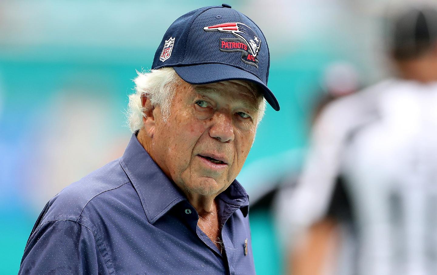 New England Patriots owner Robert Kraft looks on prior to a game against the Miami Dolphins on September 11, 2022, in Miami Gardens, Fla.