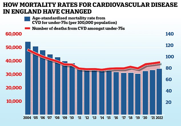 Dieses Diagramm zeigt die Sterblichkeitsrate für Herz-Kreislauf-Erkrankungen bei unter 75-Jährigen in England (blaue Balken), also die Zahl der Todesfälle pro 100.000 Menschen sowie die reine Zahl der Todesfälle (rote Linie).  Medizinische Durchbrüche und fortschrittliche Screening-Techniken trugen dazu bei, diese Zahlen im Vergleich zu 2004 zu senken, doch Anfang der 2010er Jahre begannen die Fortschritte ins Stocken zu geraten, bevor sie sich in den letzten Datenjahren umkehrten