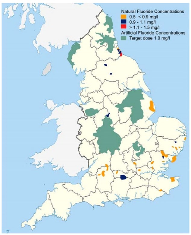 Nach Angaben der British Fluoridation Society erhielten derzeit nur 6,1 Millionen Briten – etwa 10 Prozent der Bevölkerung – Wasser mit einem ausreichenden Fluoridgehalt, um die Mundgesundheit zu verbessern.  Zu diesen Gebieten gehören Hartlepool, Easington, Teile von North Hampshire und South Berkshire