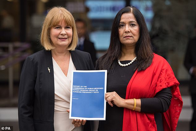 Marie Lyon, chairwoman of the Association For Children Damaged by Hormone Pregnancy Tests, said many were never told of the risks of Primodos and were advised to take the drug by their GPs to find out if they were pregnant. Pictured left, with MP Yasmin Qureshi